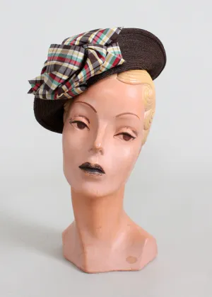 Vintage 1930s Brown Straw Tilt Hat with Plaid Bow