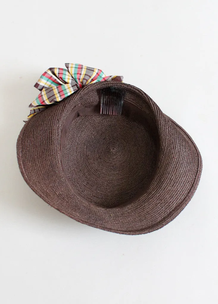 Vintage 1930s Brown Straw Tilt Hat with Plaid Bow