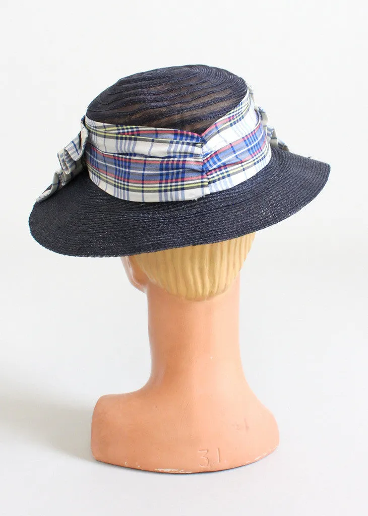 Vintage 1930s Navy Straw and Plaid Bow Hat
