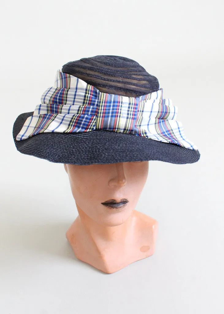 Vintage 1930s Navy Straw and Plaid Bow Hat