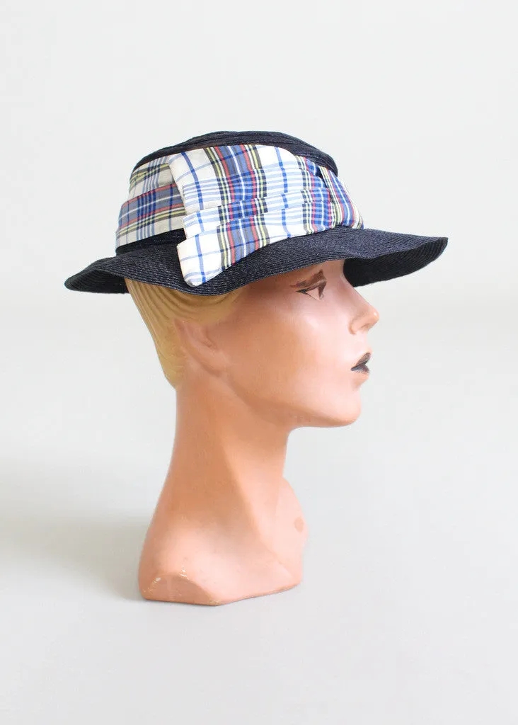 Vintage 1930s Navy Straw and Plaid Bow Hat