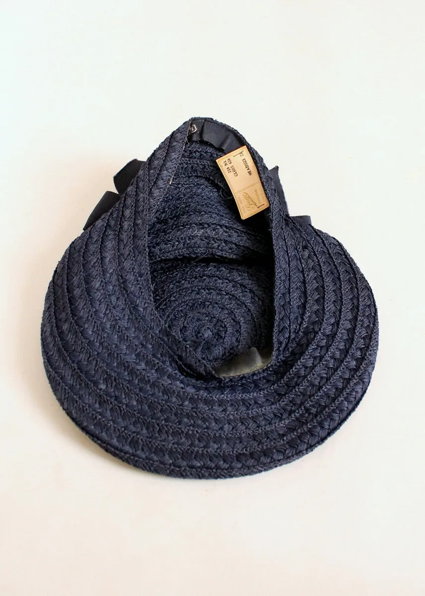 Vintage 1940s Navy Straw Tilt Beret Hat