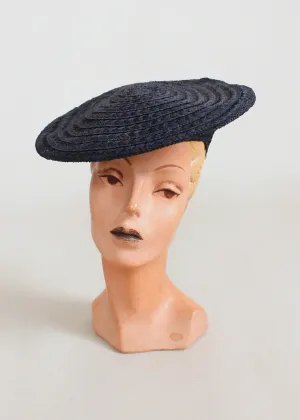 Vintage 1940s Navy Straw Tilt Beret Hat