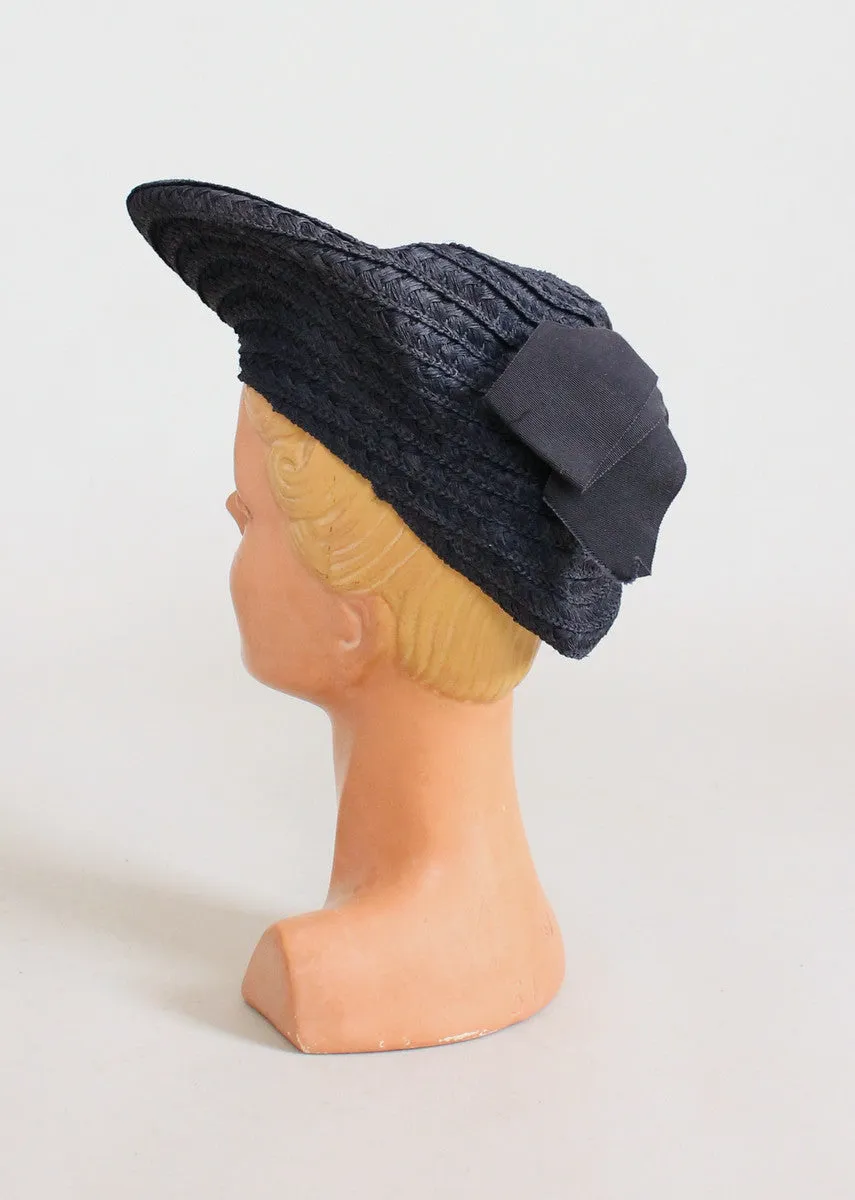 Vintage 1940s Navy Straw Tilt Beret Hat