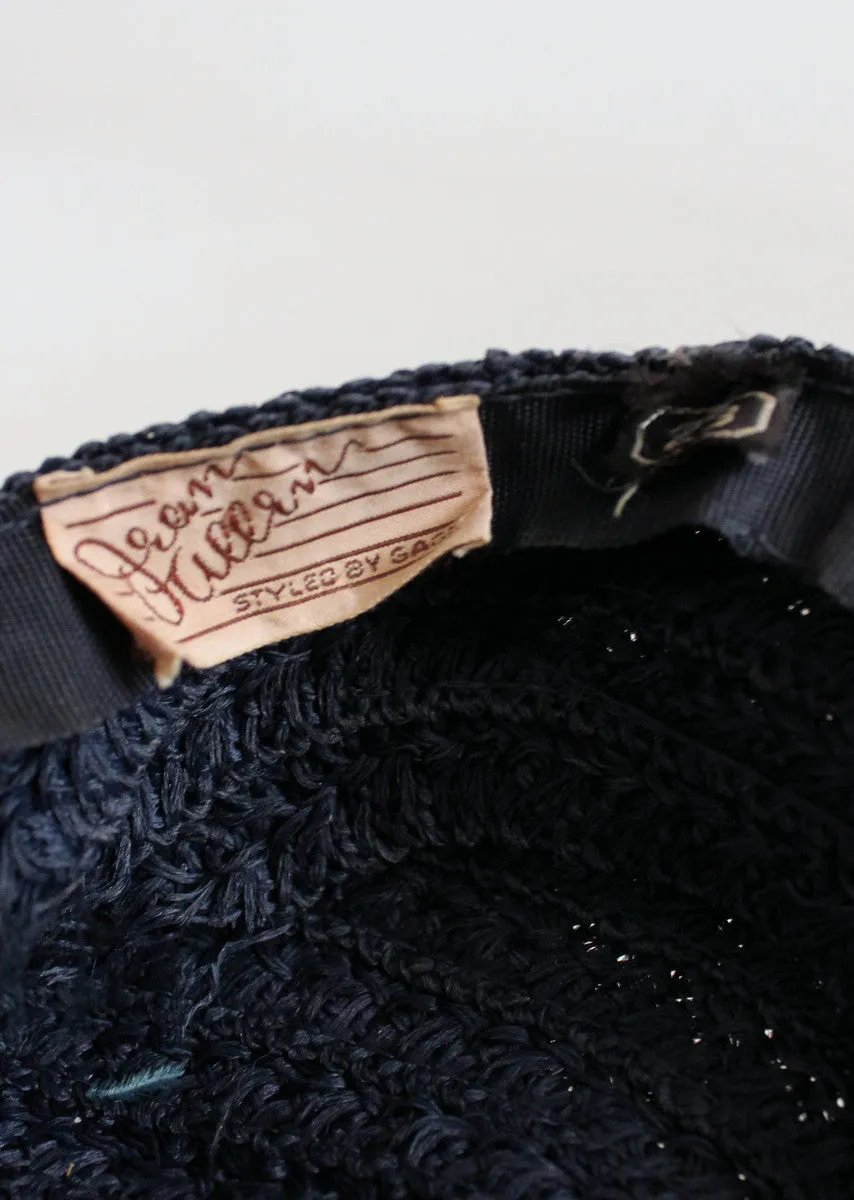 Vintage 1940s Navy Straw Tilt Beret Hat