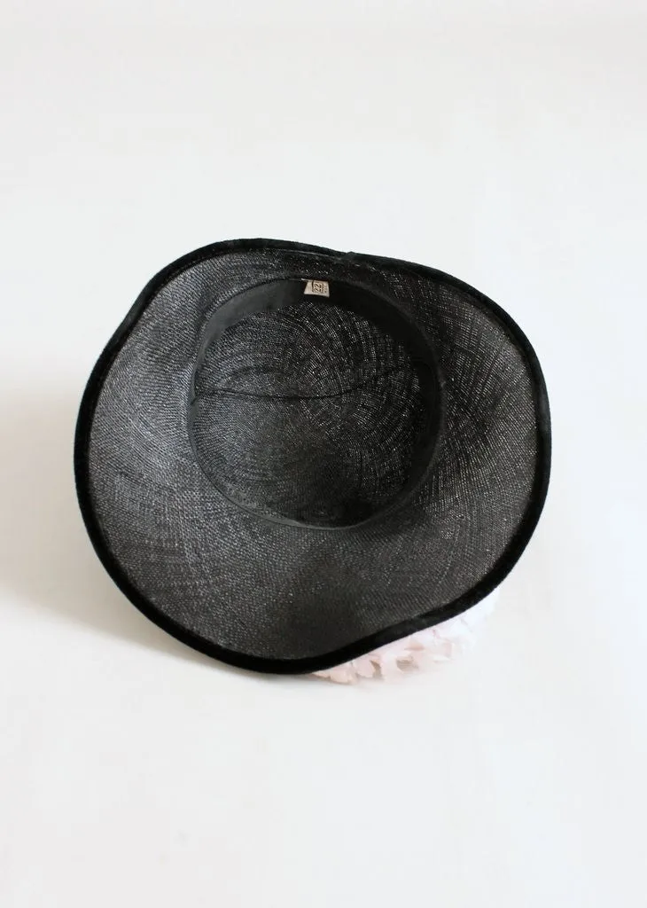 Vintage 1940s Peonies and Navy Straw Hat