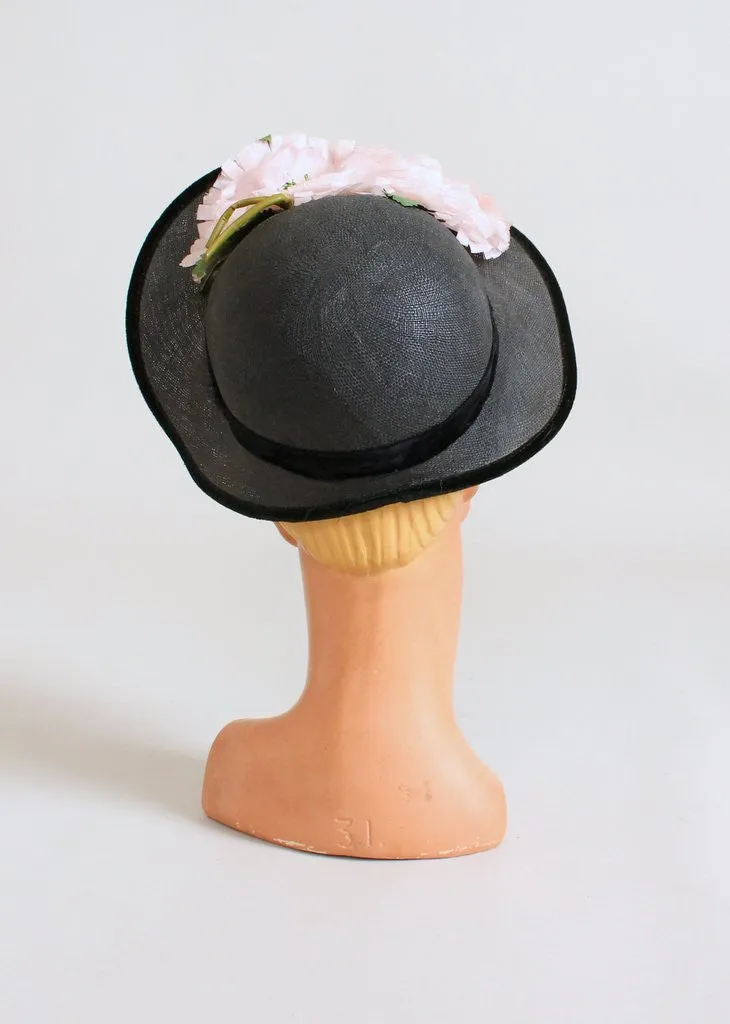 Vintage 1940s Peonies and Navy Straw Hat