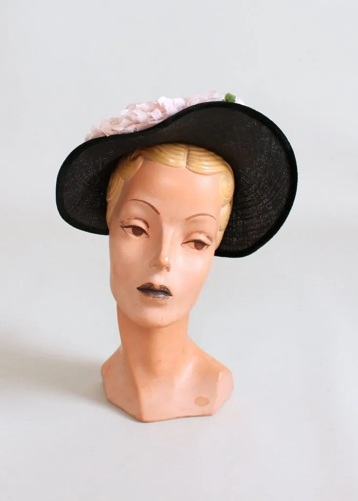 Vintage 1940s Peonies and Navy Straw Hat