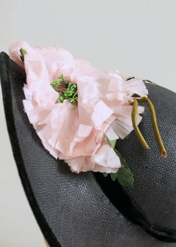 Vintage 1940s Peonies and Navy Straw Hat