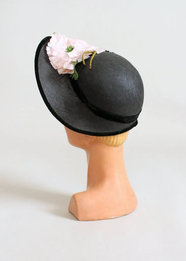 Vintage 1940s Peonies and Navy Straw Hat