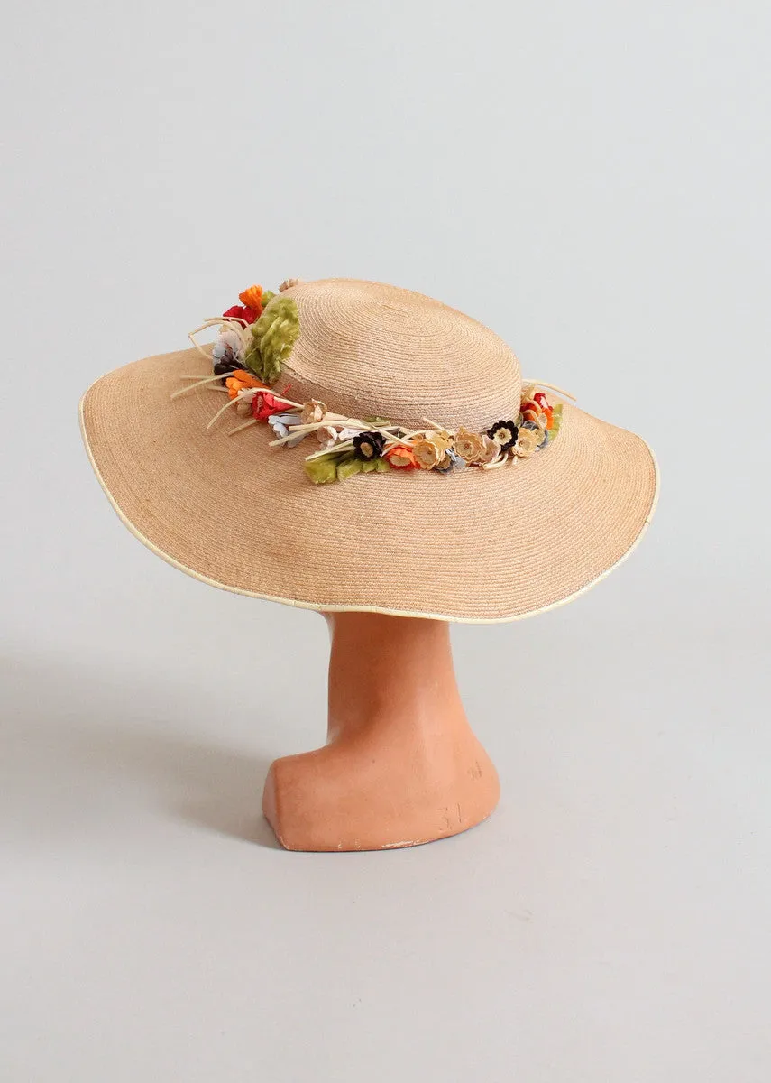 Vintage 1940s Wide Brim Straw Hat with A Flower Wreath