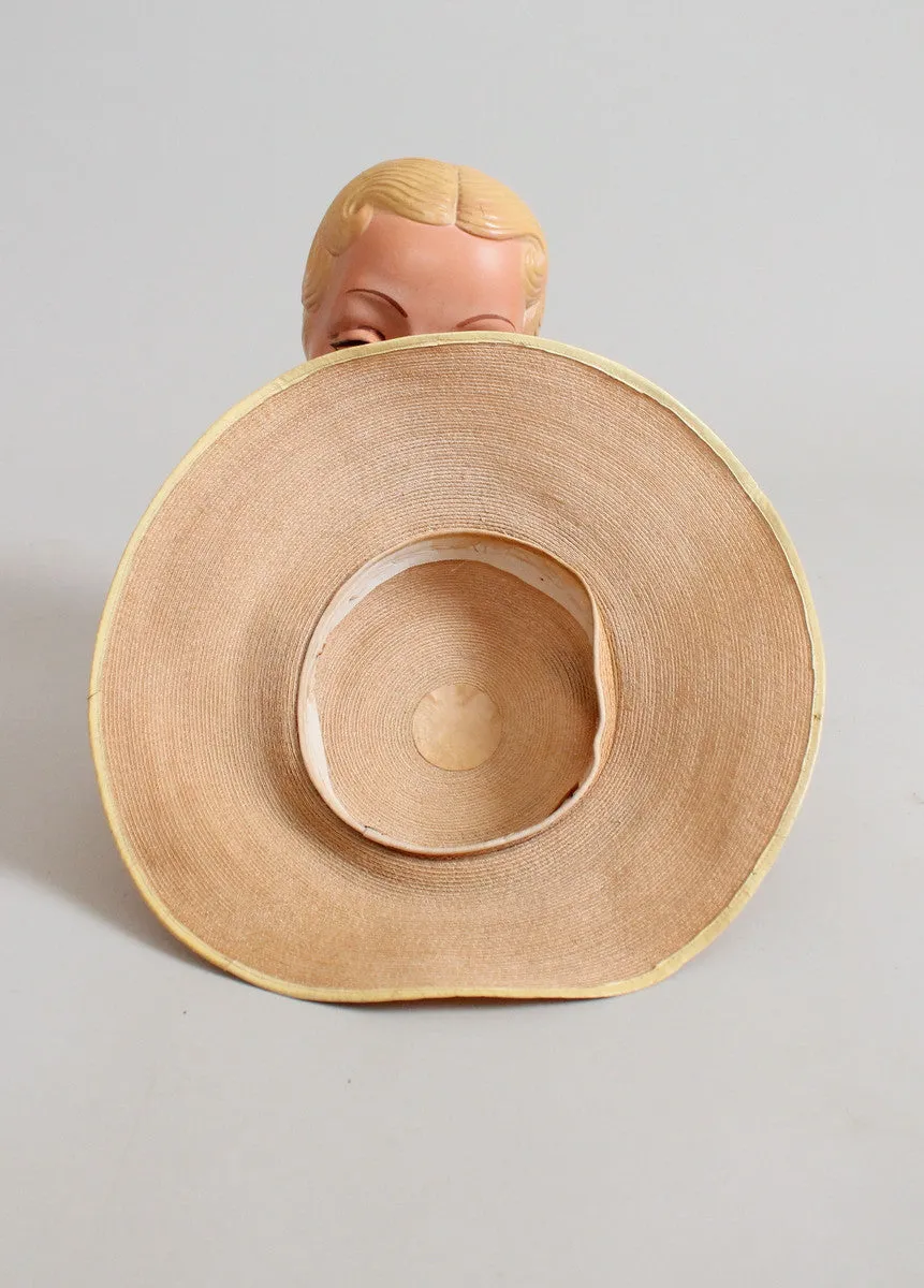 Vintage 1940s Wide Brim Straw Hat with A Flower Wreath