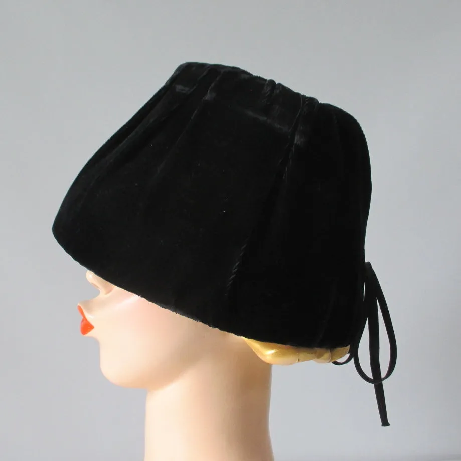 Vintage 50's 60's Black Velvet Bucket Hat