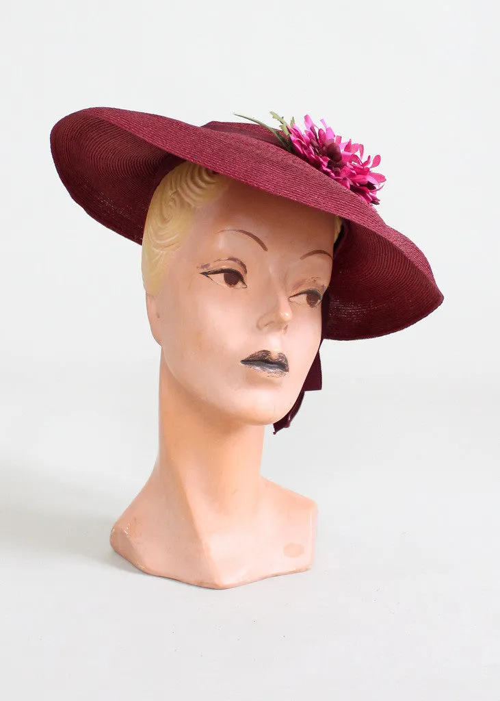 Vintage Early 1940s Bordeaux Straw Tilt Hat