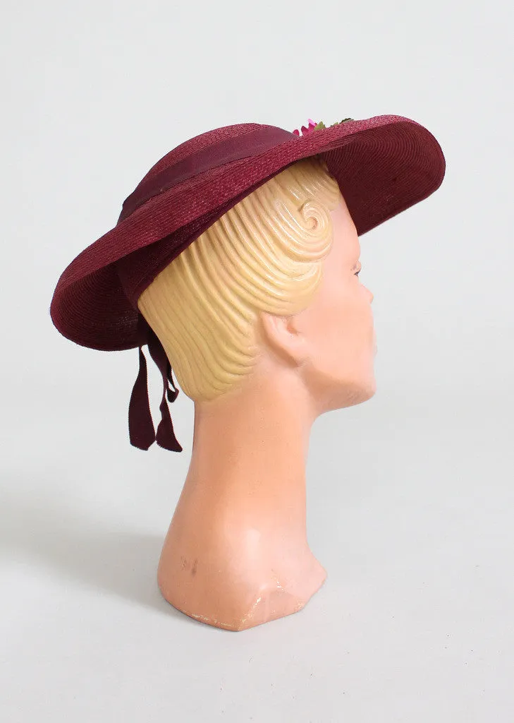 Vintage Early 1940s Bordeaux Straw Tilt Hat