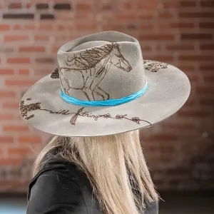 Wild Flowers & Horses Cowboy Hat Custom Burned - Gray - Bourbon Cowgirl