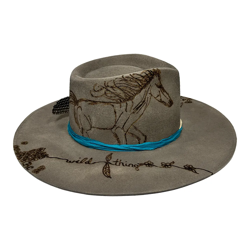 Wild Flowers & Horses Cowboy Hat Custom Burned - Gray - Bourbon Cowgirl