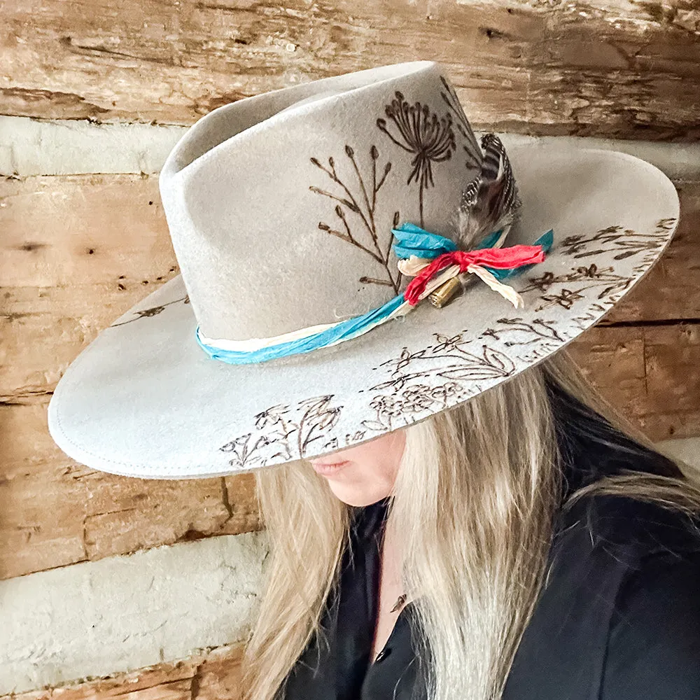 Wild Flowers & Horses Cowboy Hat Custom Burned - Gray - Bourbon Cowgirl