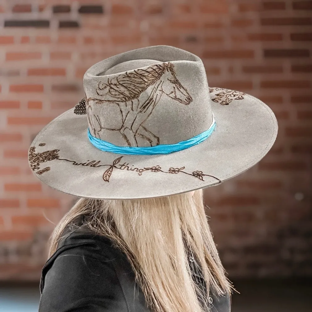 Wild Flowers & Horses Cowboy Hat Custom Burned - Gray - Bourbon Cowgirl